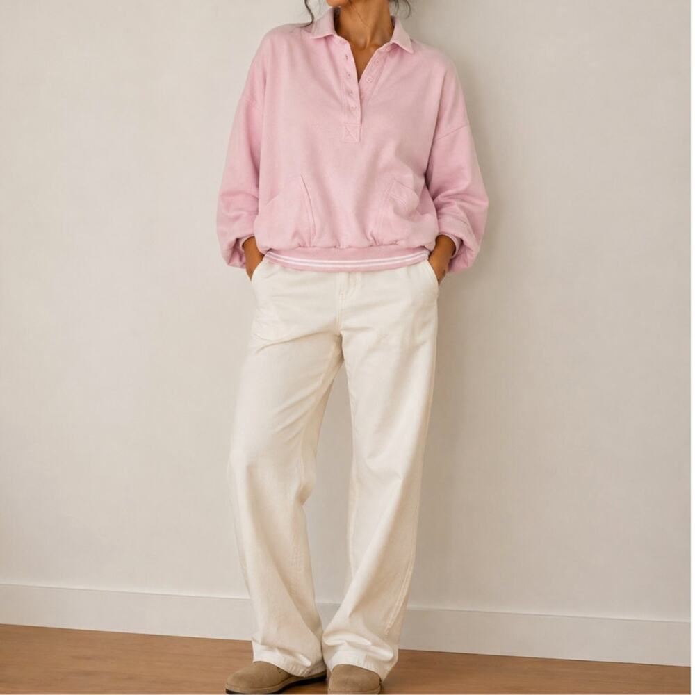 Vintage 90s Pink Varisty Boxy Preppy Pink Retro Sweatshirt Pockets Pullover-M